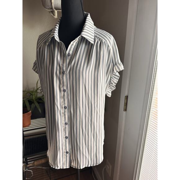 Pleione Blue White Striped Button Down Blouse With Puff Sleeves Business Casual - Picture 2 of 7